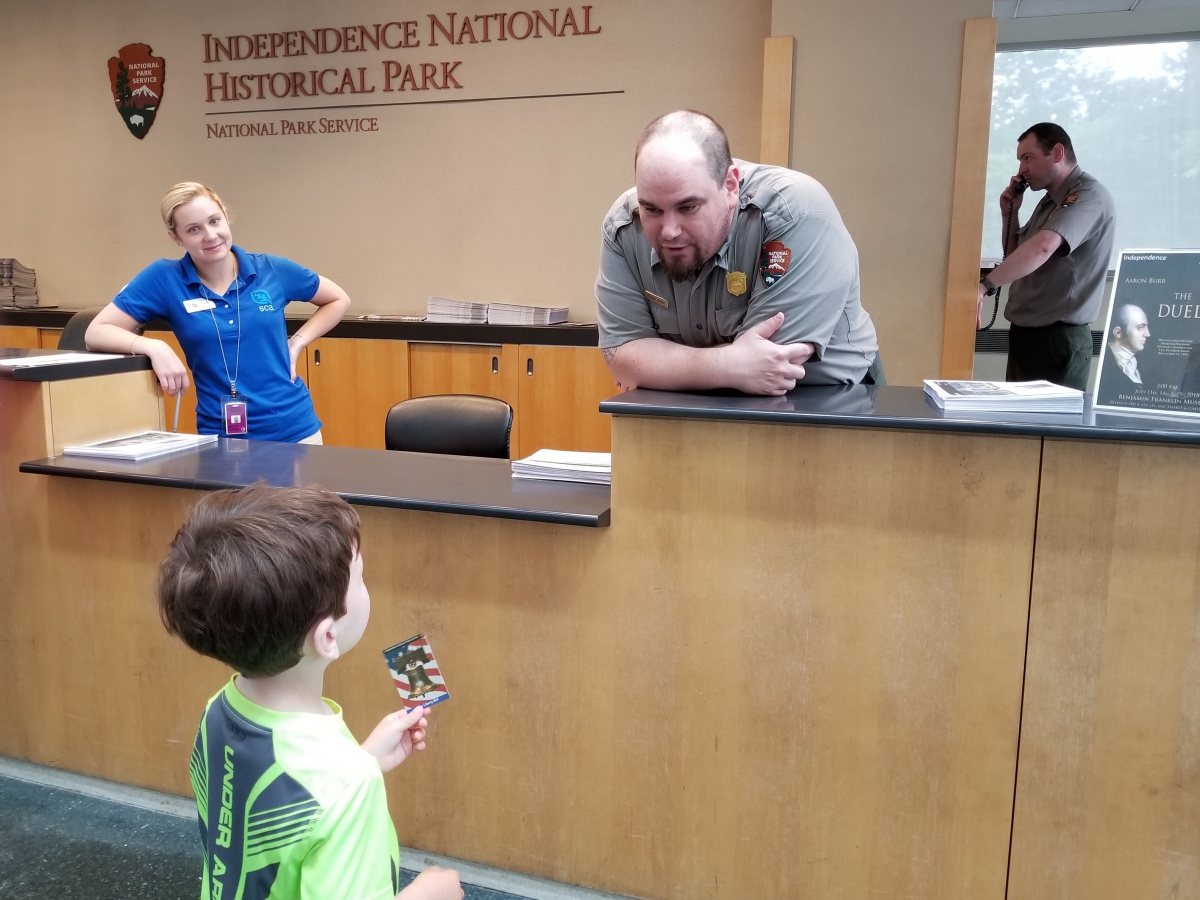 Receiving a Trading Card at the Independence Visitor Center