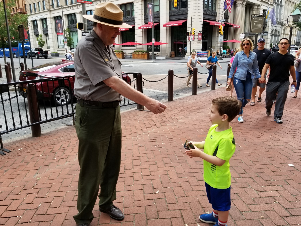 Receiving a Trading Card from the Park Ranger at Independence Hall