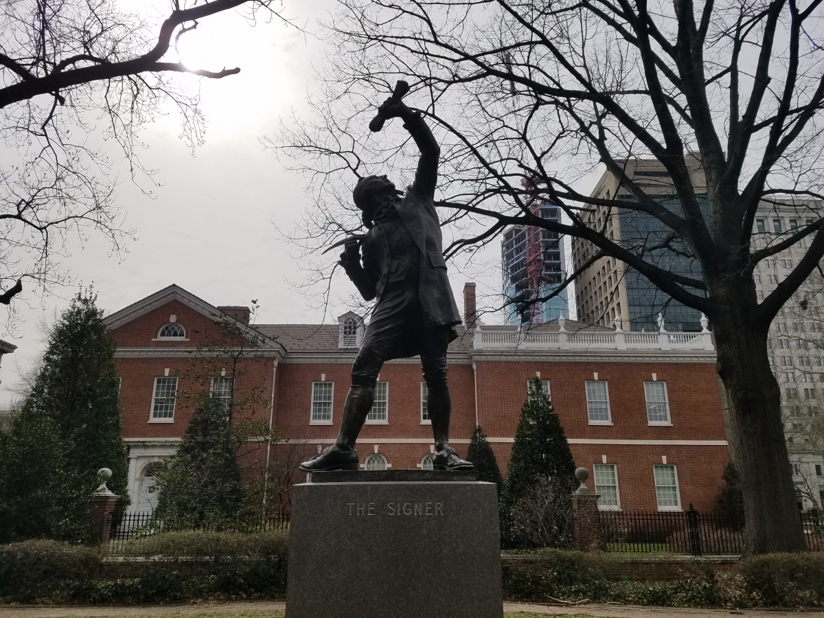 "The Signer" a statue of George Clymer by EvAngelos W. Frudakis