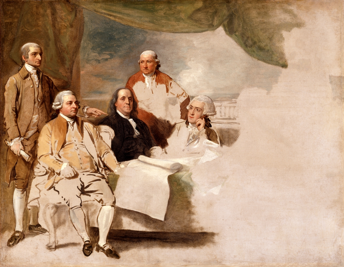 Unfinished Painting of the Treaty of Paris by Benjamin West which depicts Henry Laurens (second from right)