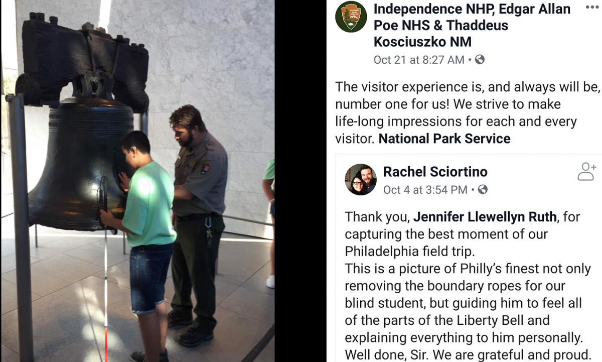Independence Park Ranger Providing Visitor Experience to Blind Student at the Liberty Bell on a School Field Trip (Credit: Facebook posts from Rachel Sciotino, Jennifer Llewellyn Ruth and Independence National Historical Park) 