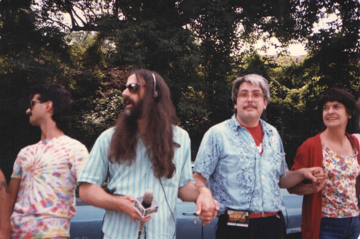 Hands Across America with WMMR-FM, Pierre Robert, May 25, 1986, West River Drive in Philadelphia (Pictured: Pierre Robert (holding microphone and Buzz Barclay to the right of Pierre)