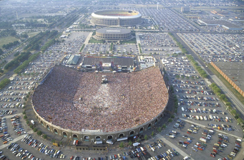 Aerial View of Live Aid at JFK Stadium in Philadelphia, July 13, 1985 with the Spectrum and Veterans Stadium in the Background (Credit: TwistedSifter.com)