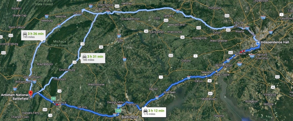 Driving Route from Philadelphia to Antietam National Battlefield