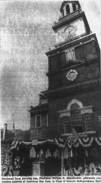 Dwight Eisenhower in front of Independence Hall on August 24th, 1955 - The Salt Lake Tribune