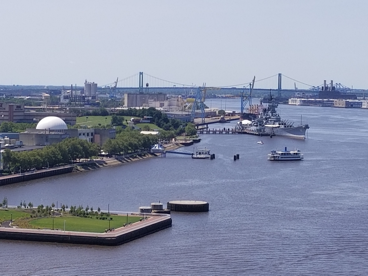View of the Camden, New Jersey Waterfront from the Ben Franklin Bridge Pedestrian Path, Showing the Adventure Aquarium, Battleship New Jersey and Walt Whitman Bridge