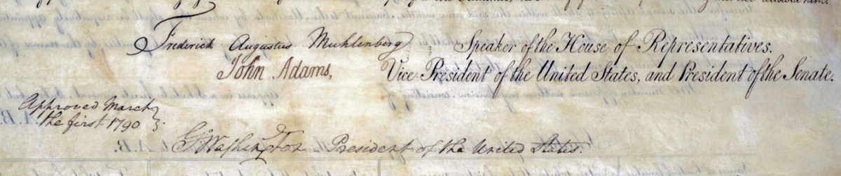 A photo of signatures of President George Washington, Vice President John Adams, and Speaker of the House Frederick Muhlenberg on the 1790 Census Act - Credit: US Census Bureau