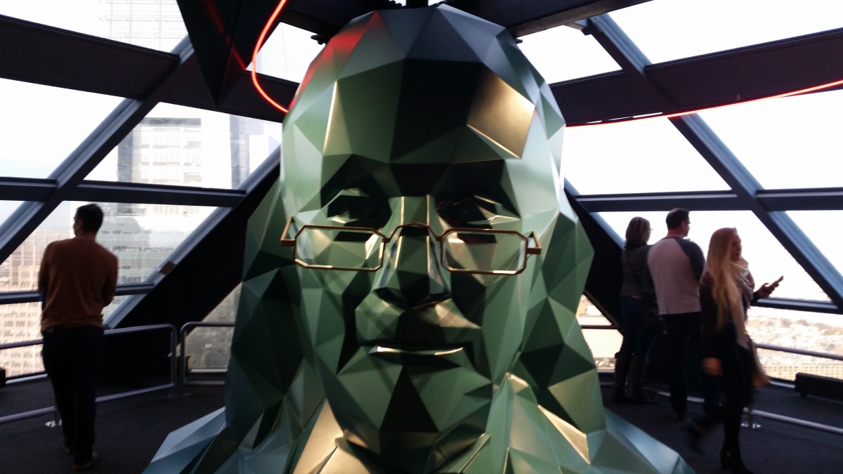 A Sculpture of Ben Franklin greets visitors to the 57th floor of the One Liberty Observation Deck