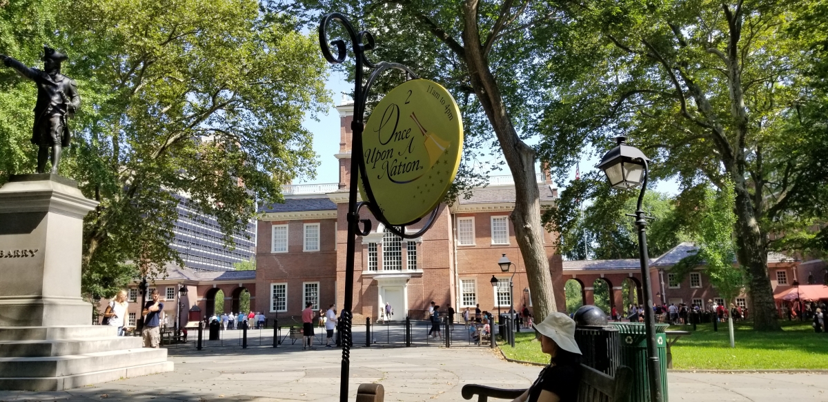 Once Upon a Nation Storytelling Bench with Independence Hall in Background