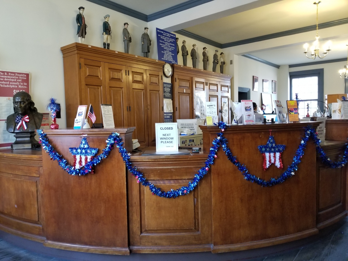 The B. Free Franklin Post Office is the only Colonial themed Post Office Still Operating in America, and pays tribute to first Postmaster General, Benjamin Franklin