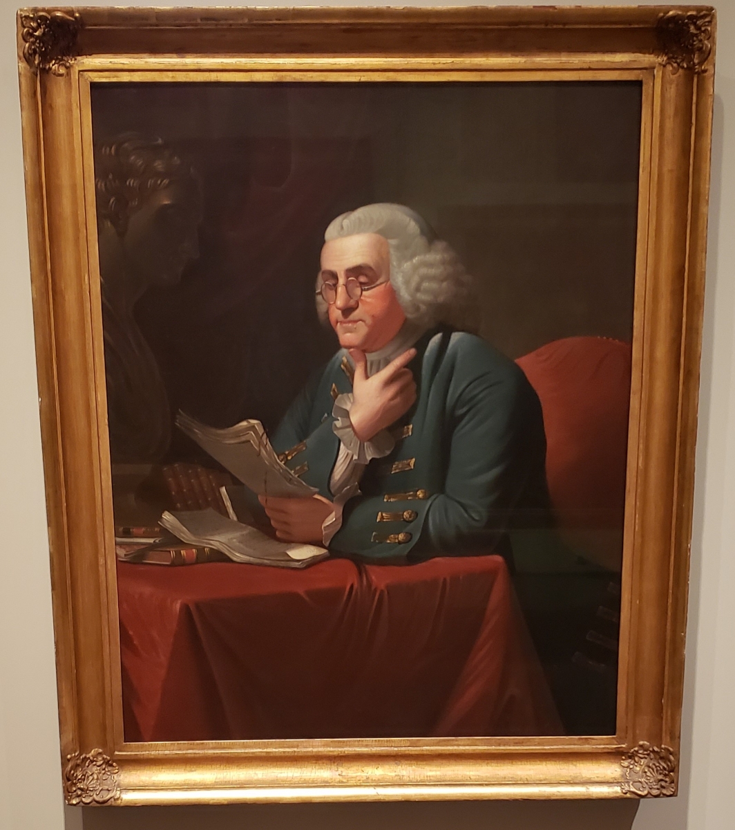 Portrait of Benjamin Franklin as it hangs in the Second Bank of the United States Portrait Gallery in Philadelphia