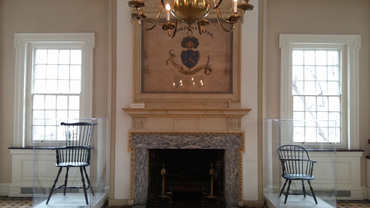 Interior of Carpenters' Hall: Display of two of the original chairs used by members of the First Continental Congress