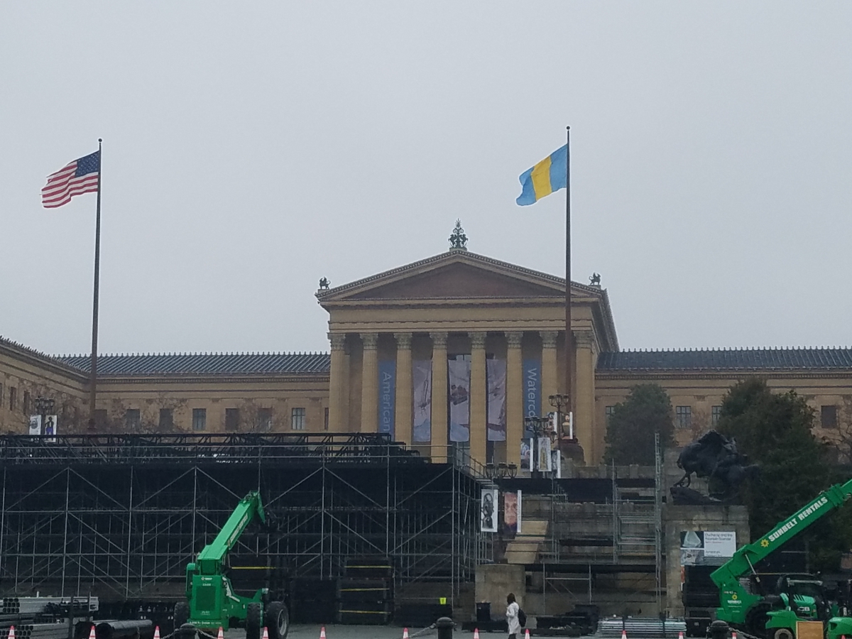 A view of the Philadelphia Museum of Art with stage fro the NFL Draft being constructed