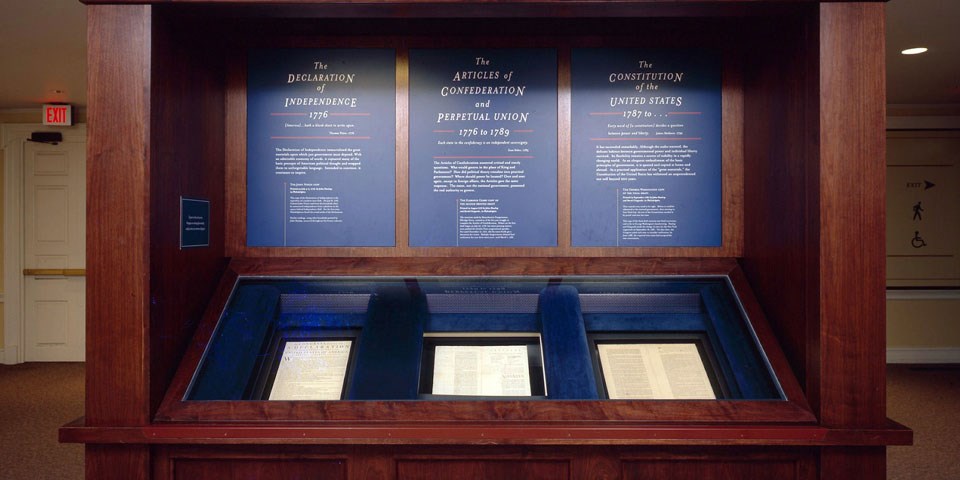 Great Essentials Exhibit in Independence Hall displaying original Dunlap Broadside print of The Declaration of Independence - Photo Credit: National Park Service