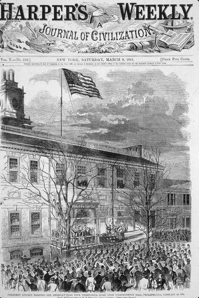 Harper's Weekly Cover with an Engraving of Lincoln's Speech in front of Independence Hall