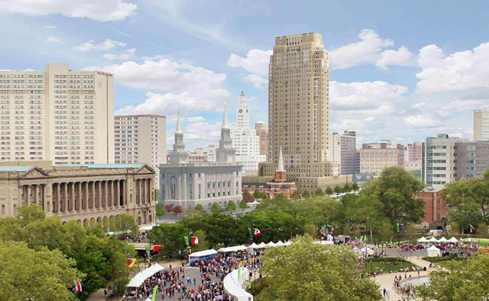 Artist Rendering of Mormon Temple, Meetinghouse, and Residential Tower in Philadelphia - Credit: http://www.ldschurchtemples.com/philadelphia/