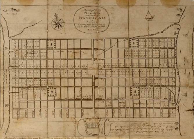 Penn's Original Plan for Philadelphia, 1200 Acres from the Delaware River to the Schuylkill River, From Vine Street to South Street