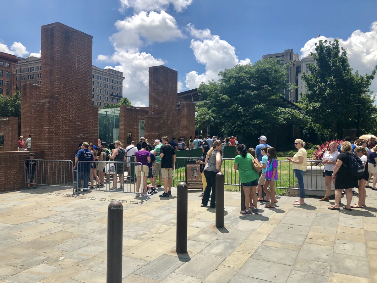 View of the line for The Liberty Bell Center at the corner of 6th and Market Streets