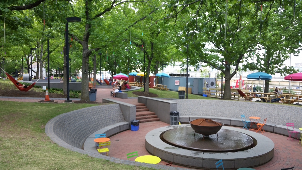 Hammocks and fire pit at Spruce Street Harbor Park