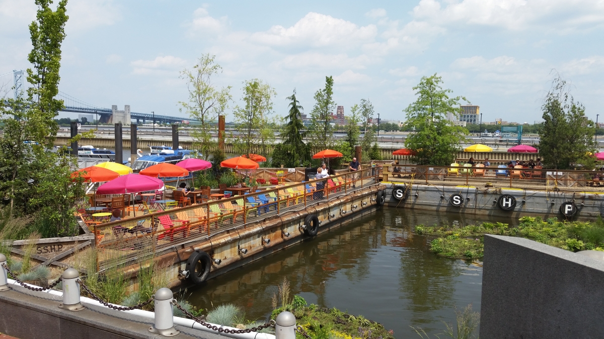 Spruce Street Harbor Park looking toward the Delaware River