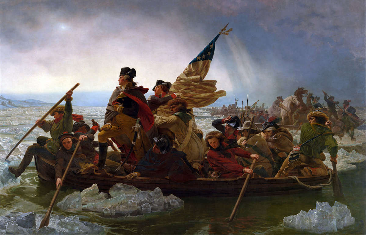 Monroe is portrayed holding the American flag behind George Washington in Emanuel Leutze's famous painting, "Washington Crossing the Delaware"