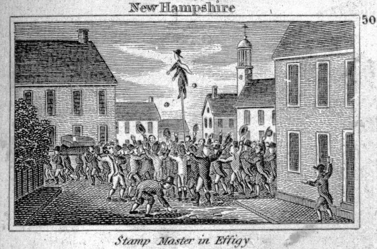 Engraving of a Stamp Tax Protest in New Hampshire in which a Stamp Tax collector was burned in effigy