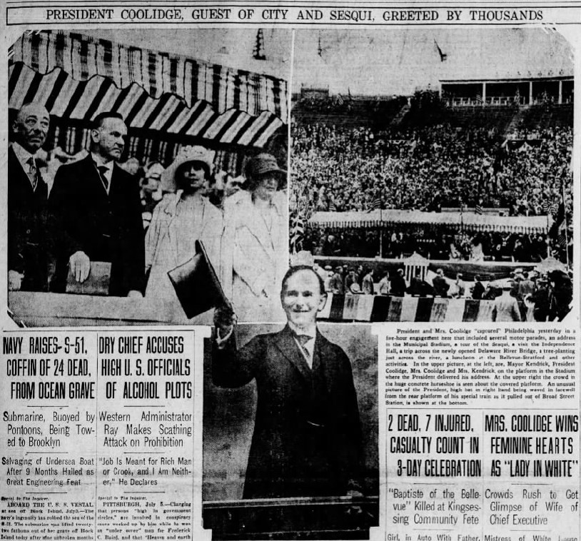 Calvin Coolidge's visit to Philadelphia featured on the front page of the Philadelphia Inquirer, July 6, 1926