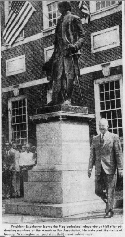 Dwight Eisenhower Walks Past Statue of George Washington at Independence Hall - August 24, 1955 - The Philadelphia Inquirer