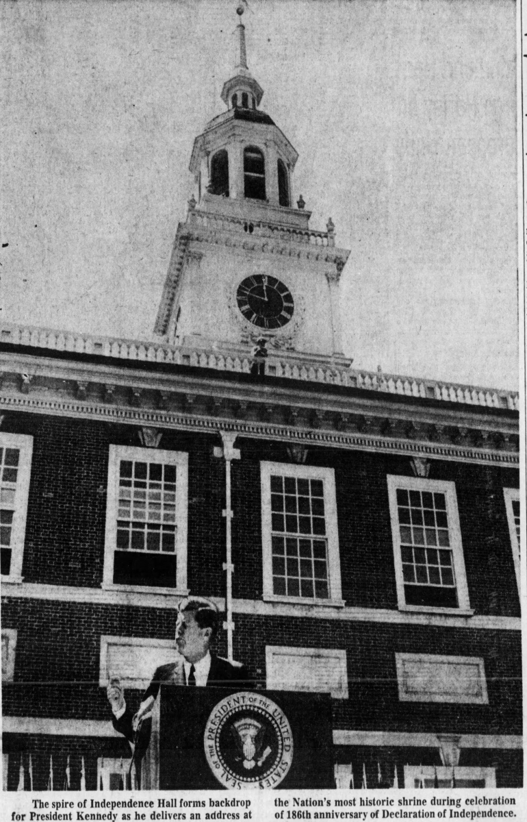 John F. Kennedy speaks in front of Independence Hall - July 4, 1962 - The Philadelphia Inquirer