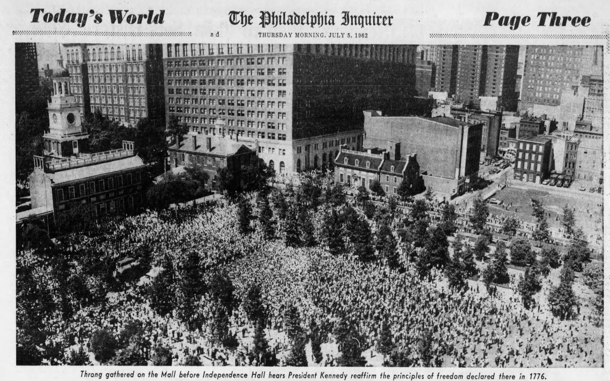 A view of the large crowd assembled on Independence Mall to see JFK's Speech - July 4, 1962 - The Philadelphia Inquirer