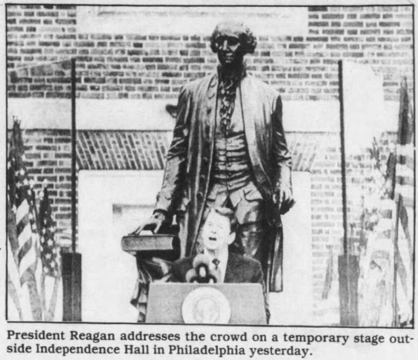 President Ronald Reagan speaks to a crowd in front of Independence Hall on the 200th Anniversary of the United States Constitution - The Boston Globe