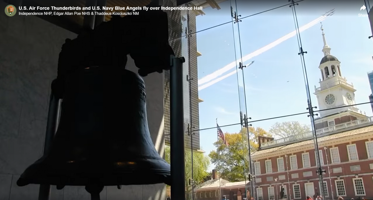 U.S. Air Force Thunderbirds and U.S. Navy Blue Angels Flyover of Independence Hall and the Liberty Bell, April 28, 2020, Credit: National Park Service