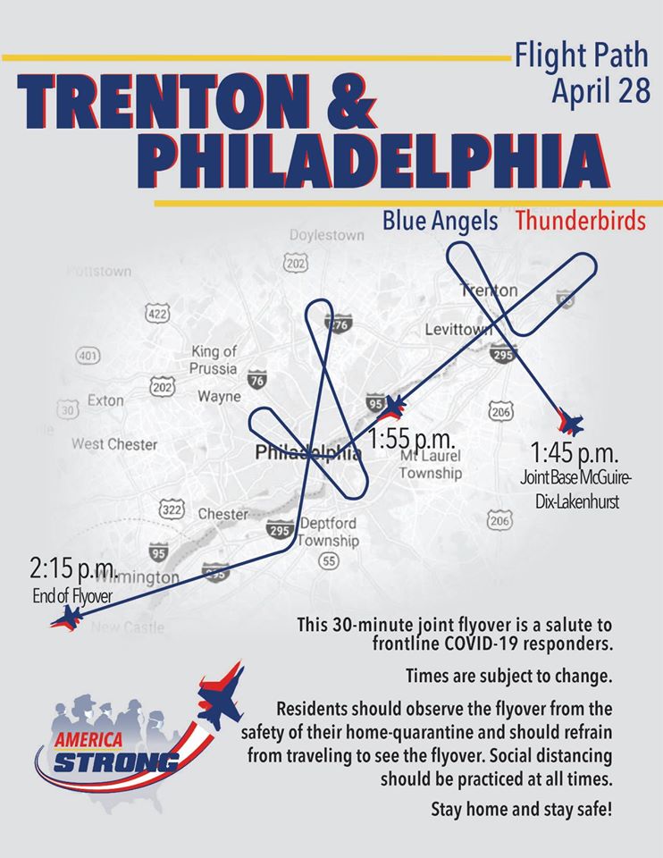 America Strong Philadelphia Flyover Route, Thunderbirds and Blue Angels, April 28, 2020