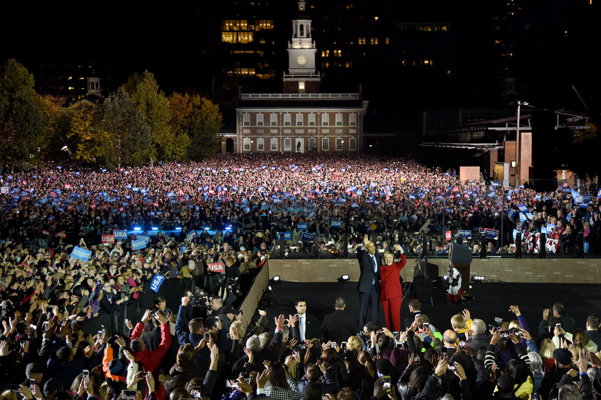 Hillary Clinton and President Barrack Obama at Independence Hall in Philadelphia at Hillary Clinton's Stronger Together Election Eve Rally, November 7, 2016