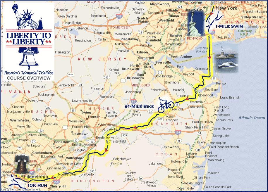 Liberty to Liberty Triathlon Route Map, May 24, 2009, Statue of Liberty in New York to the Rocky Steps at the Philadelphia Museum of Art