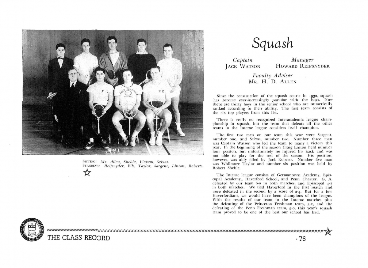Penn Charter Squash Team - Vic Seixas Played #2, 1941 (Seixas is seated on the far right)