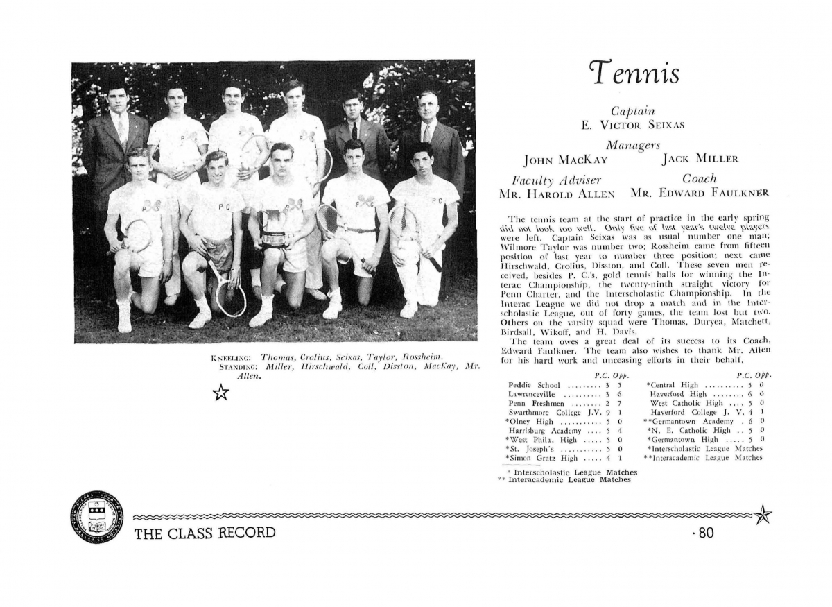 Penn Charter Tennis Team, 1941, InterAc Champions (Vic Seixas, Captain in kneeling in the center holding the trophy))