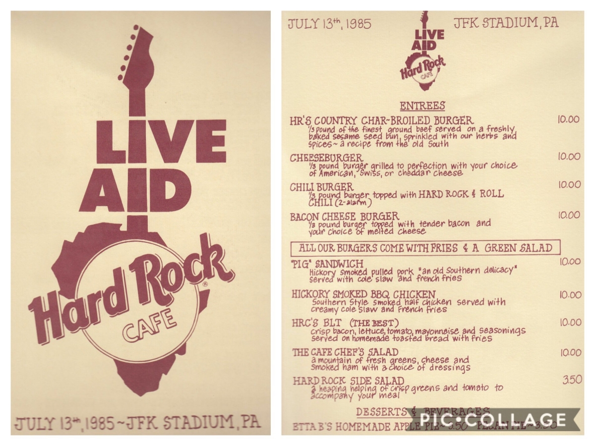 Hard Rock Cafe Menu at Live Aid Philadelphia, July 13, 1985