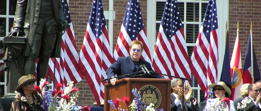 Sir Elton John Accepting the City of Brotherly Love Humanitarian Award at the Independence Day Ceremony at Independence Hall on July 4, 2005